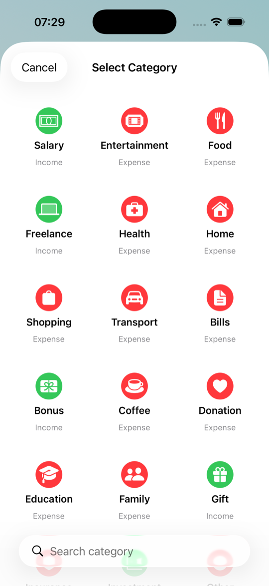 Adding a transaction in Savings by picking from a colorful grid of categories