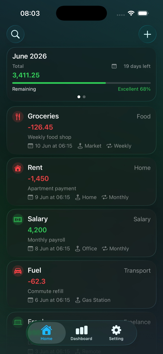 The Savings Home screen in Dark Mode