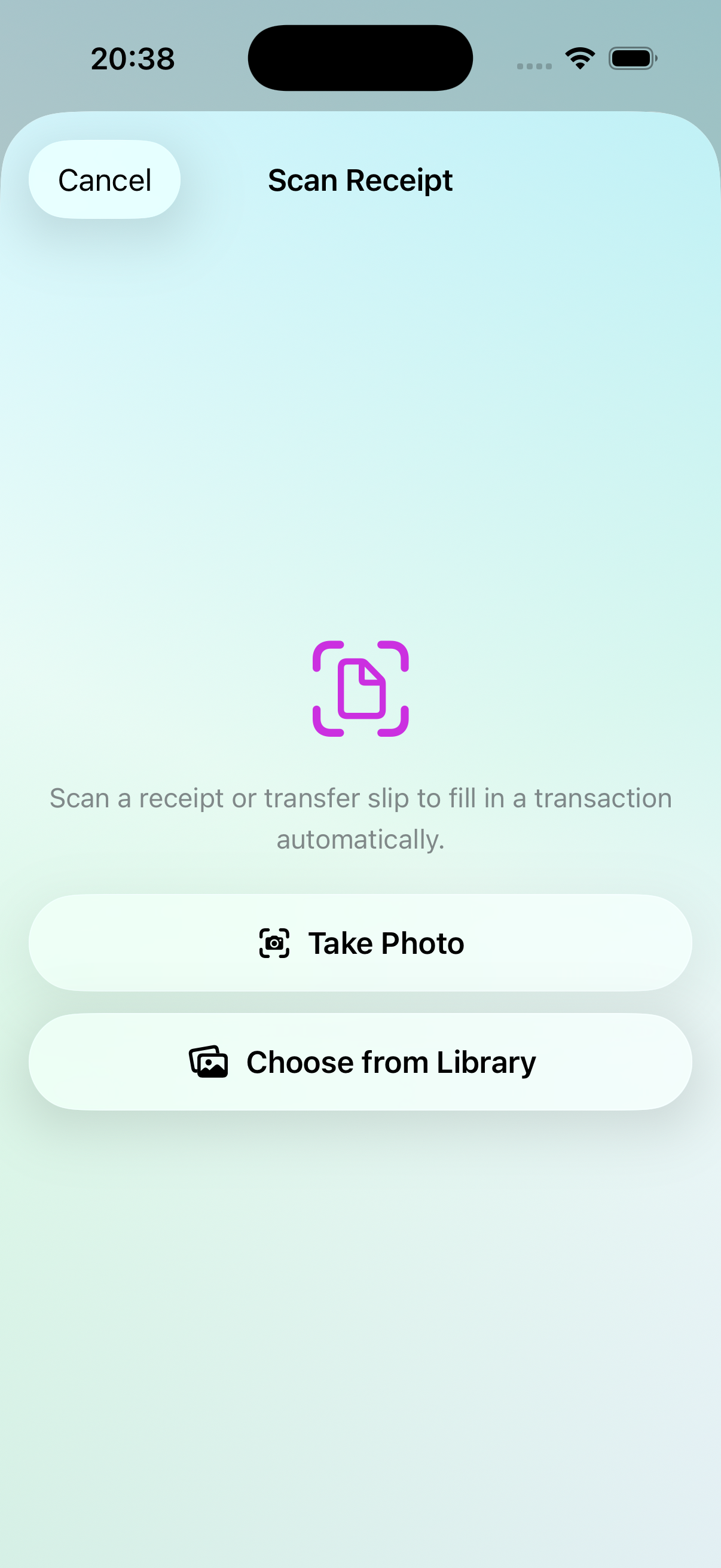 The Savings receipt scanner — Take Photo and Choose from Library, with a live scanning beam