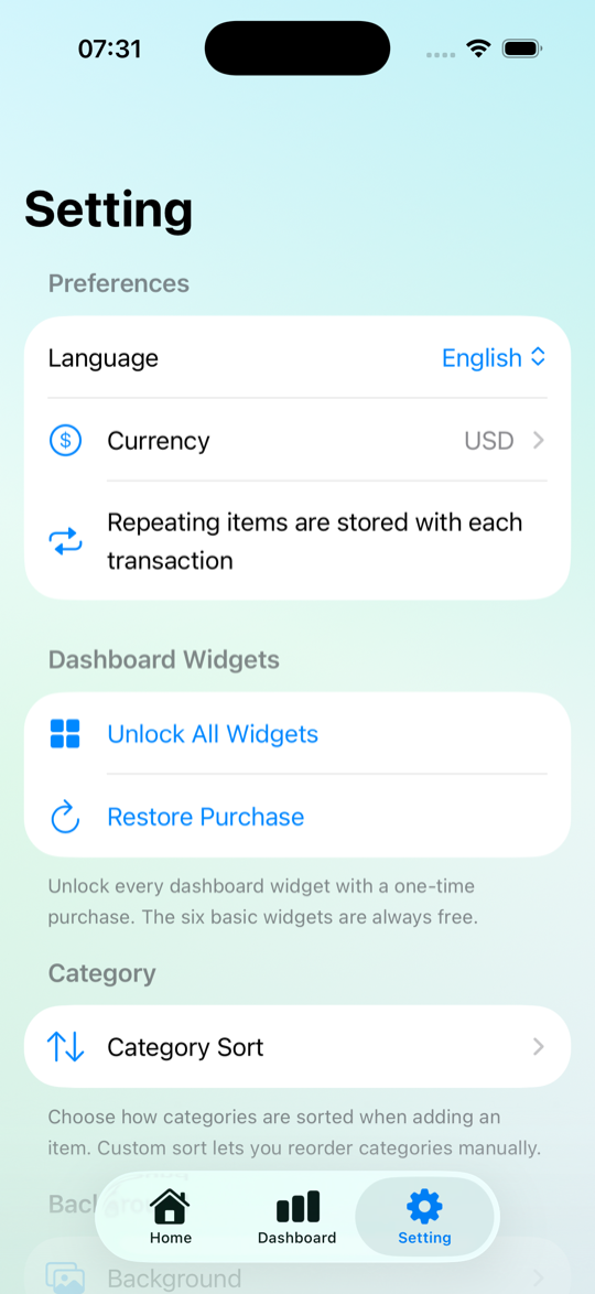 Savings settings showing language, currency and dashboard preferences