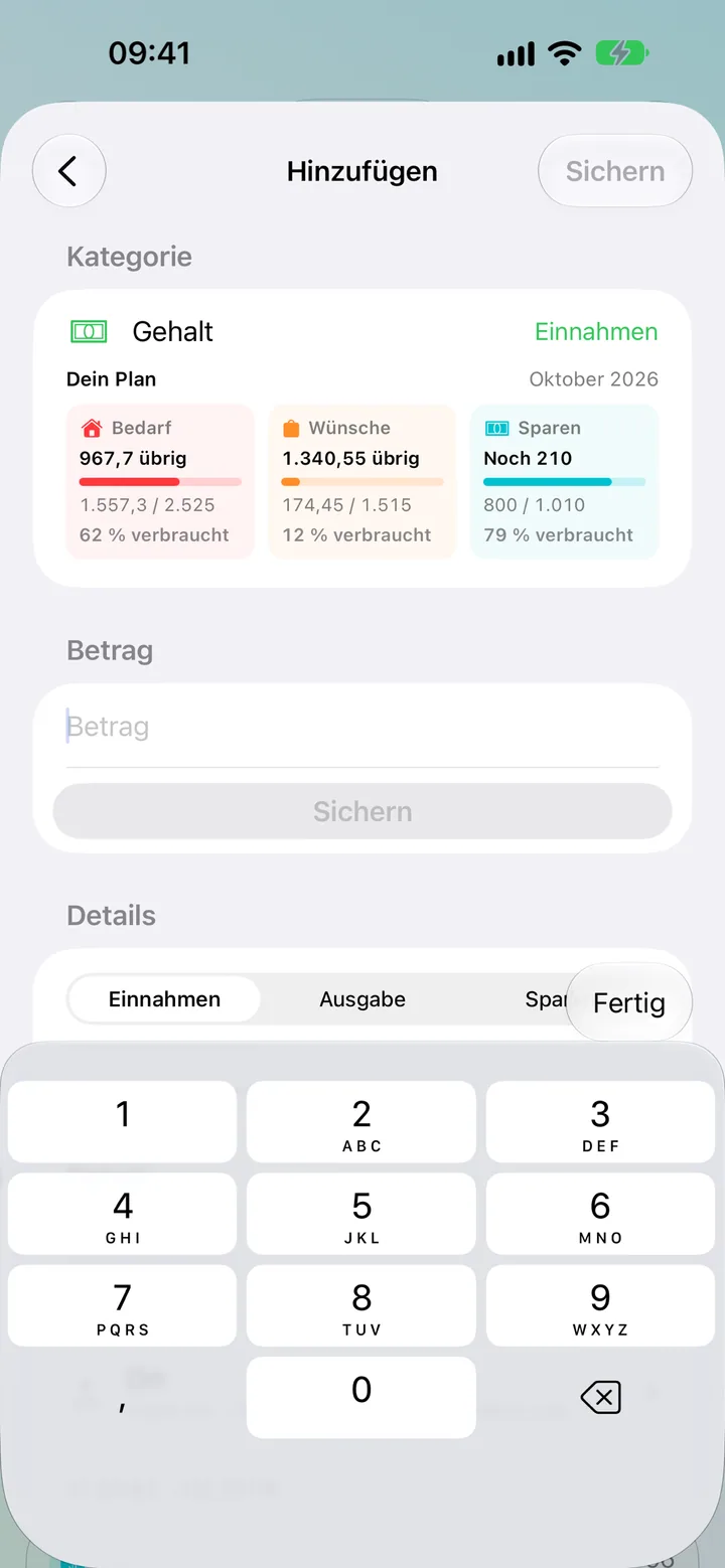 The Savings add-transaction detail form with amount, category and date