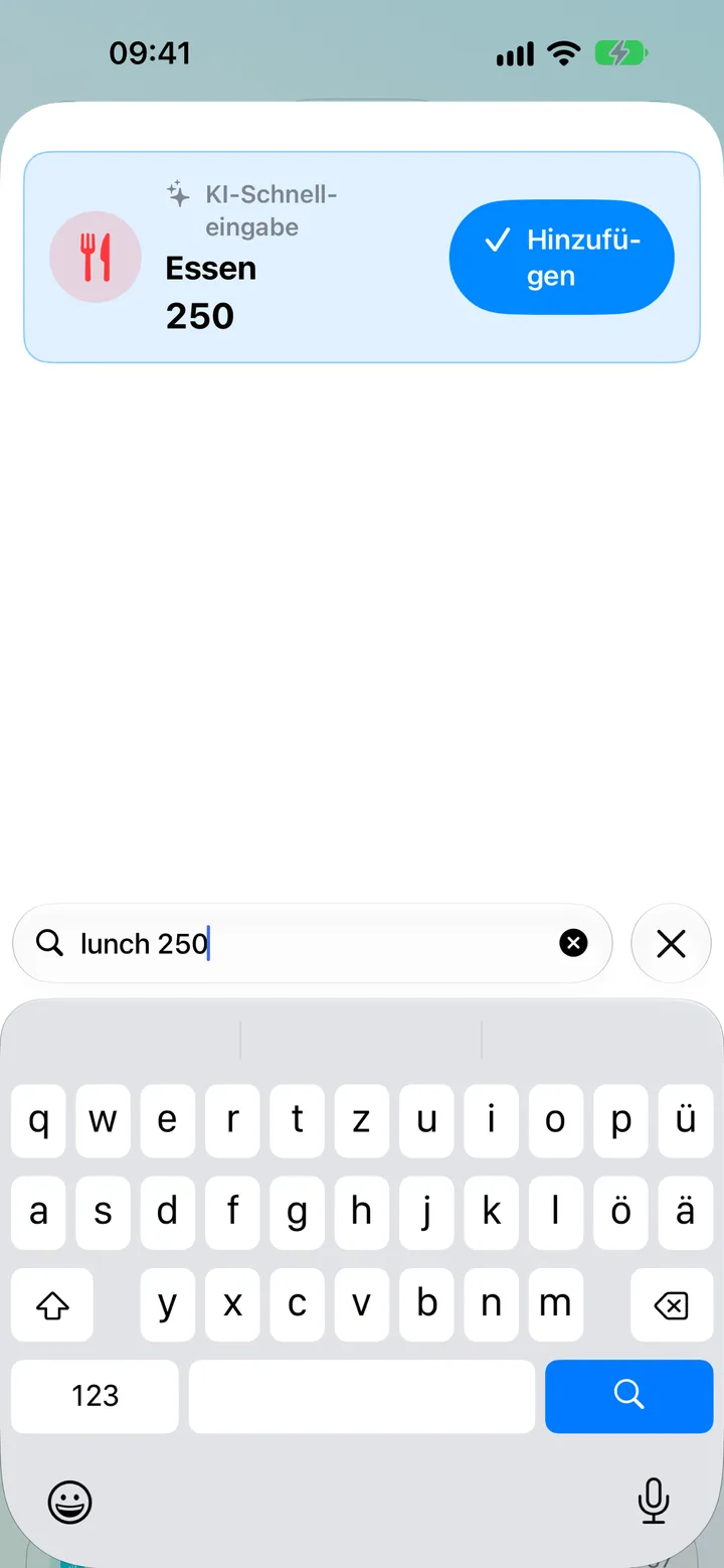 Quick Add in Savings — typing a transaction in plain words for on-device AI to parse