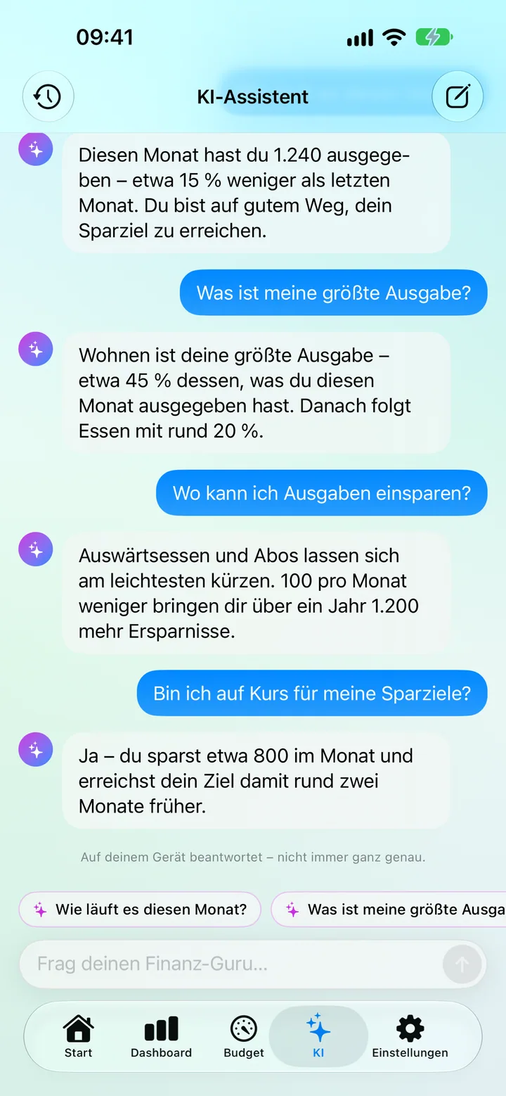 AI Assistance in Savings — chatting with an on-device financial guru that analyzes your spending, saving, budgets and goals