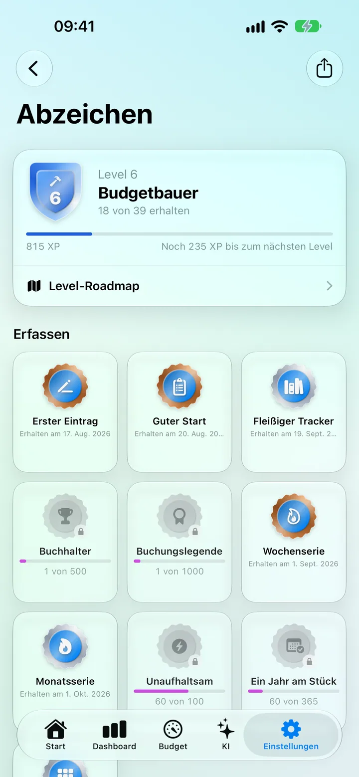 The Badges gallery: your level, XP progress, the Level Roadmap and 3D badge coins