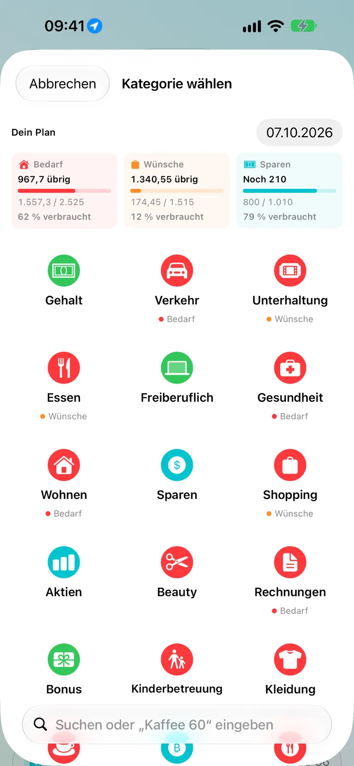 Adding a transaction in Savings by picking from a colorful grid of categories