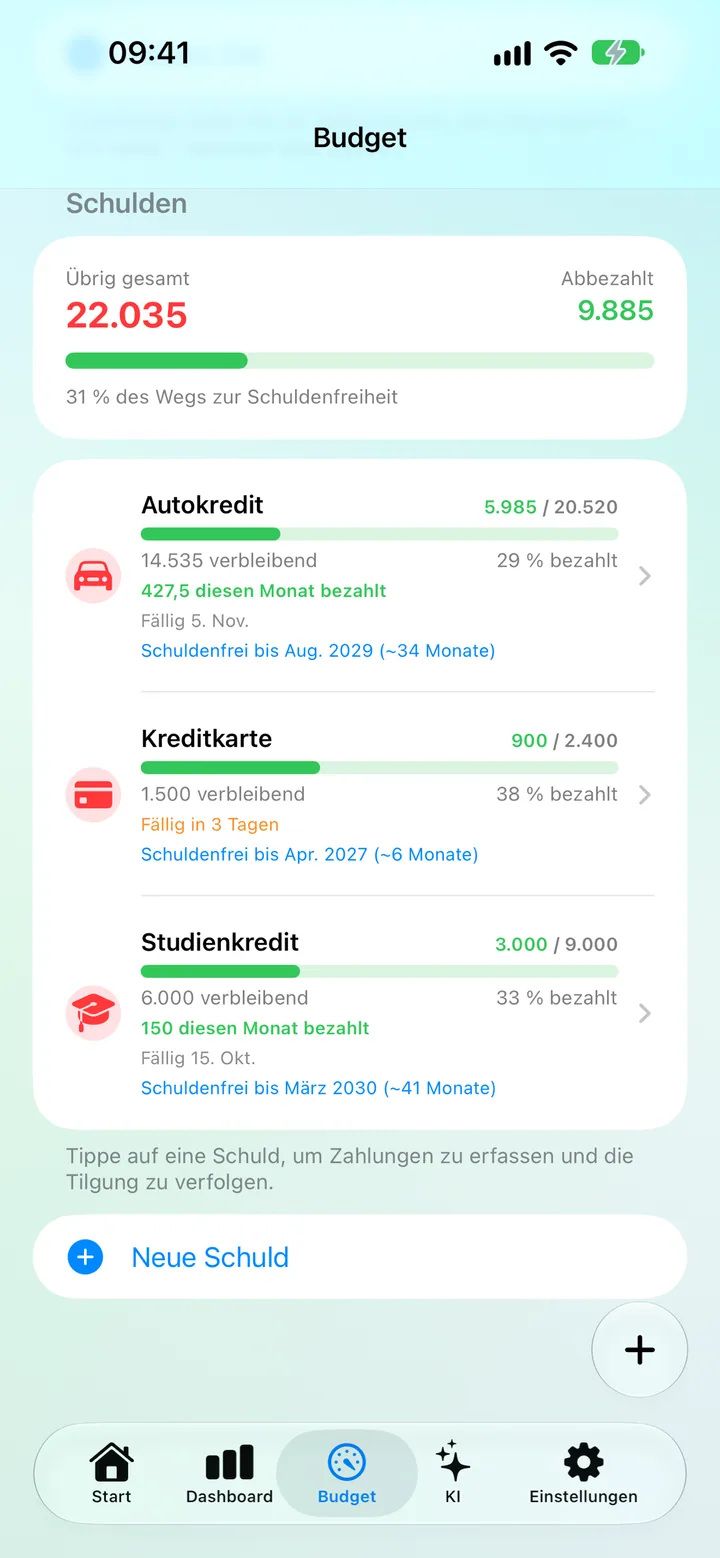 The Savings Debts screen with each debt's remaining balance, due date and progress toward debt-free