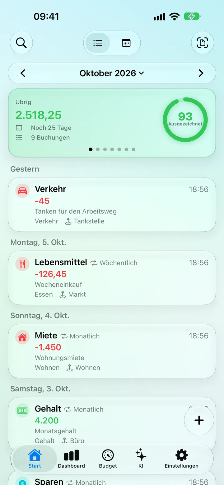 The Savings app Home screen — June transactions, total balance and saving progress