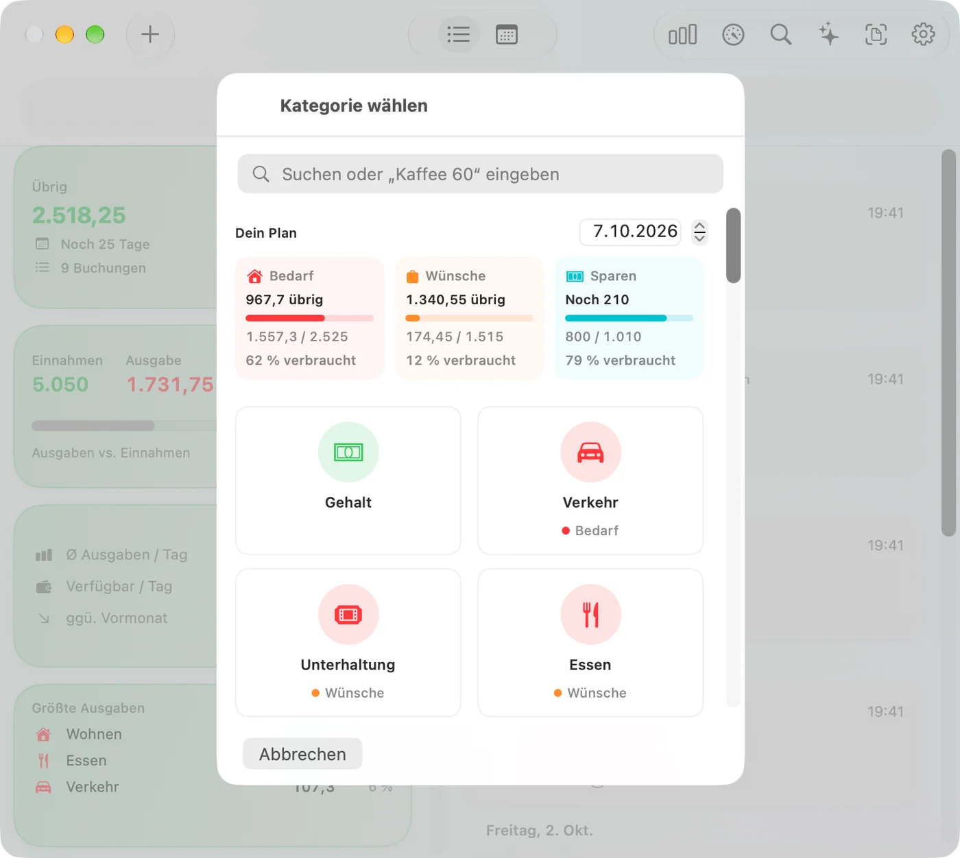 Choosing a category in the Savings Mac app