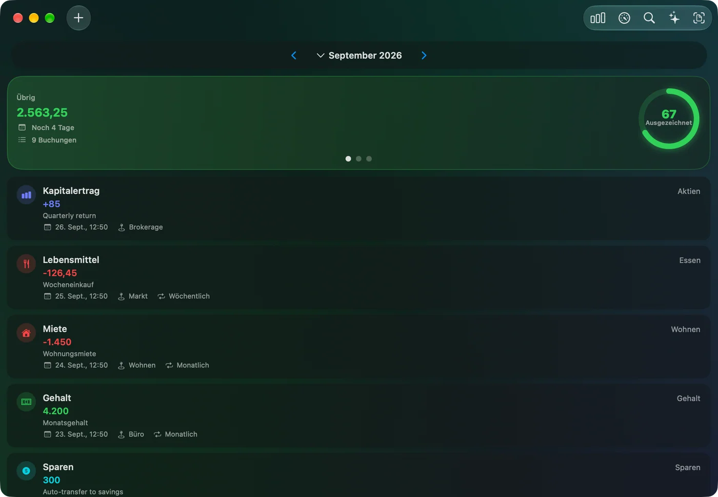 The Savings Home window on Mac in dark mode