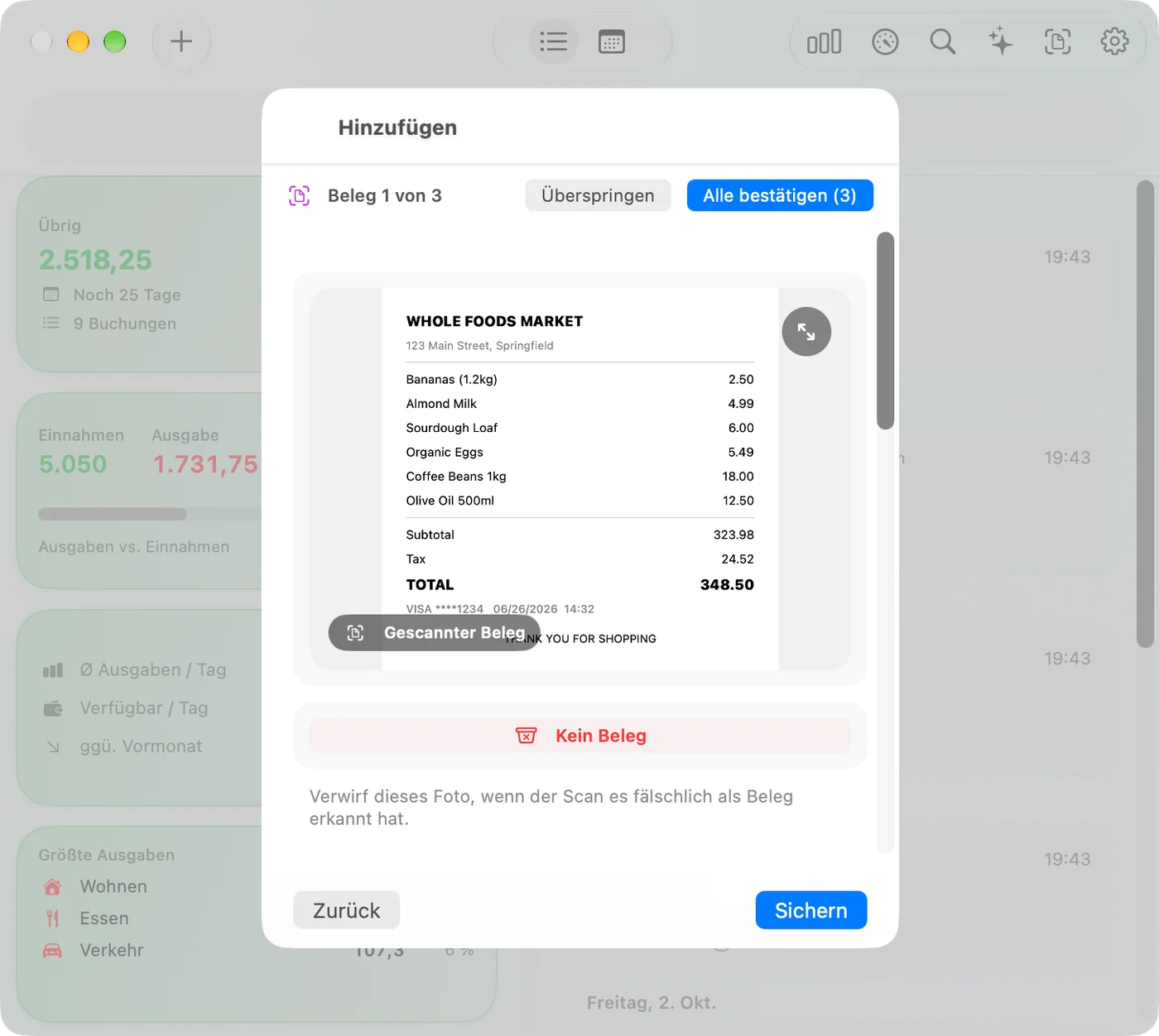 Scanning a receipt in the Savings Mac app