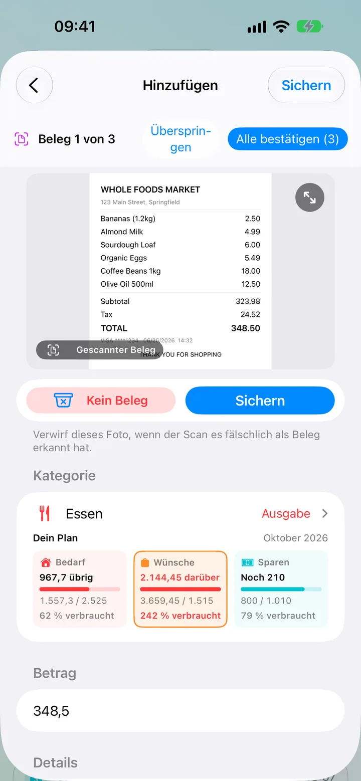 The Savings receipt scanner — Take Photo and Choose from Library, with a live scanning beam
