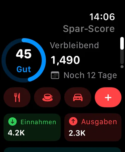 The Savings home page on Apple Watch: saving score, what's left this cycle and Quick Add shortcuts