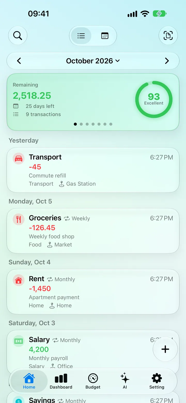 The Savings Home screen in English