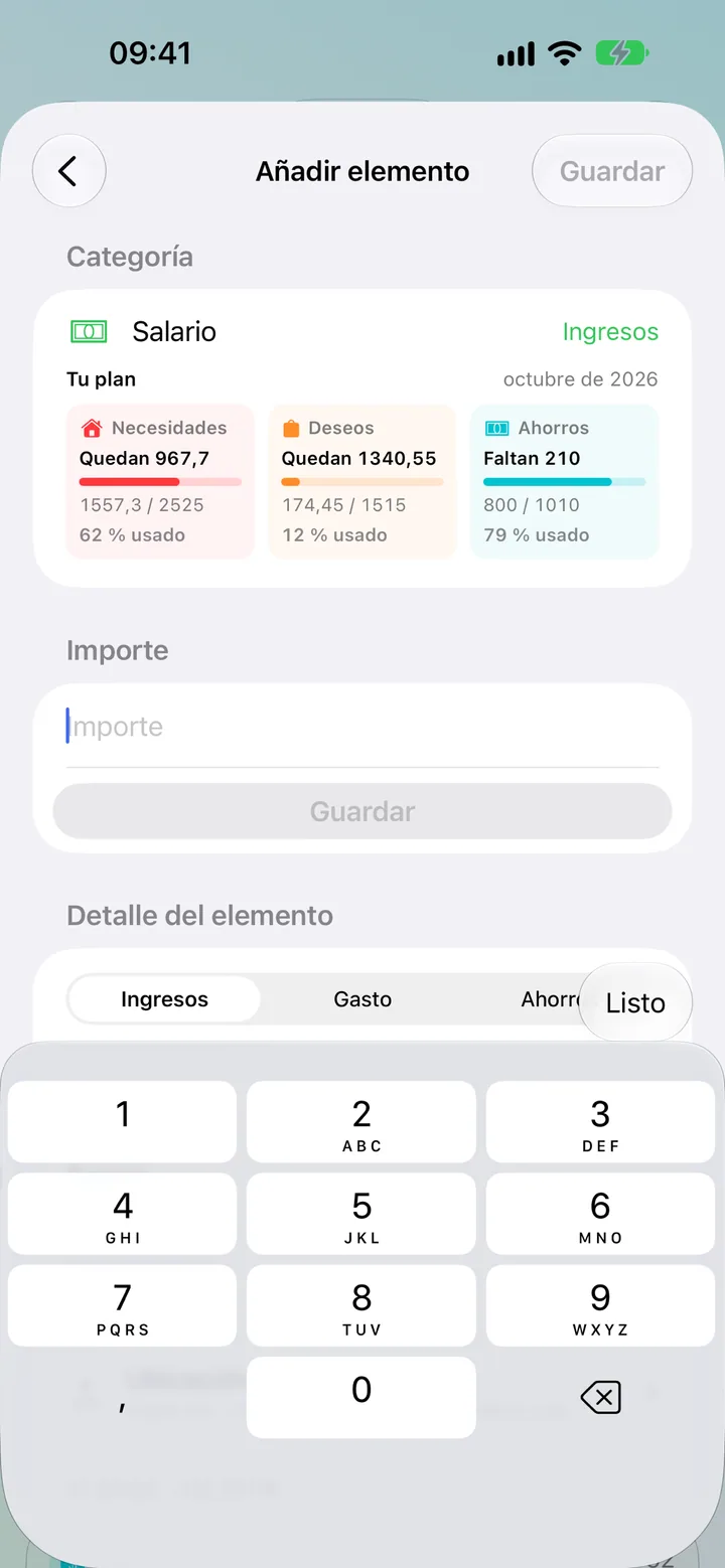 The Savings add-transaction detail form with amount, category and date
