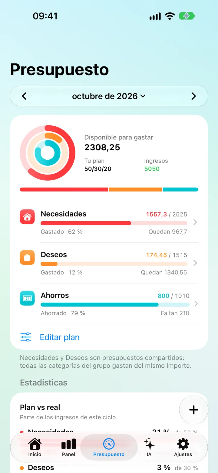 The Savings Budget tab showing a Needs, Wants and Savings plan with Plan vs Actual