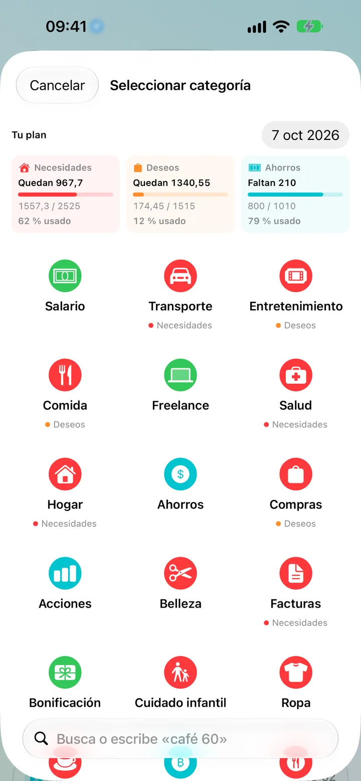 Adding a transaction in Savings by picking from a colorful grid of categories