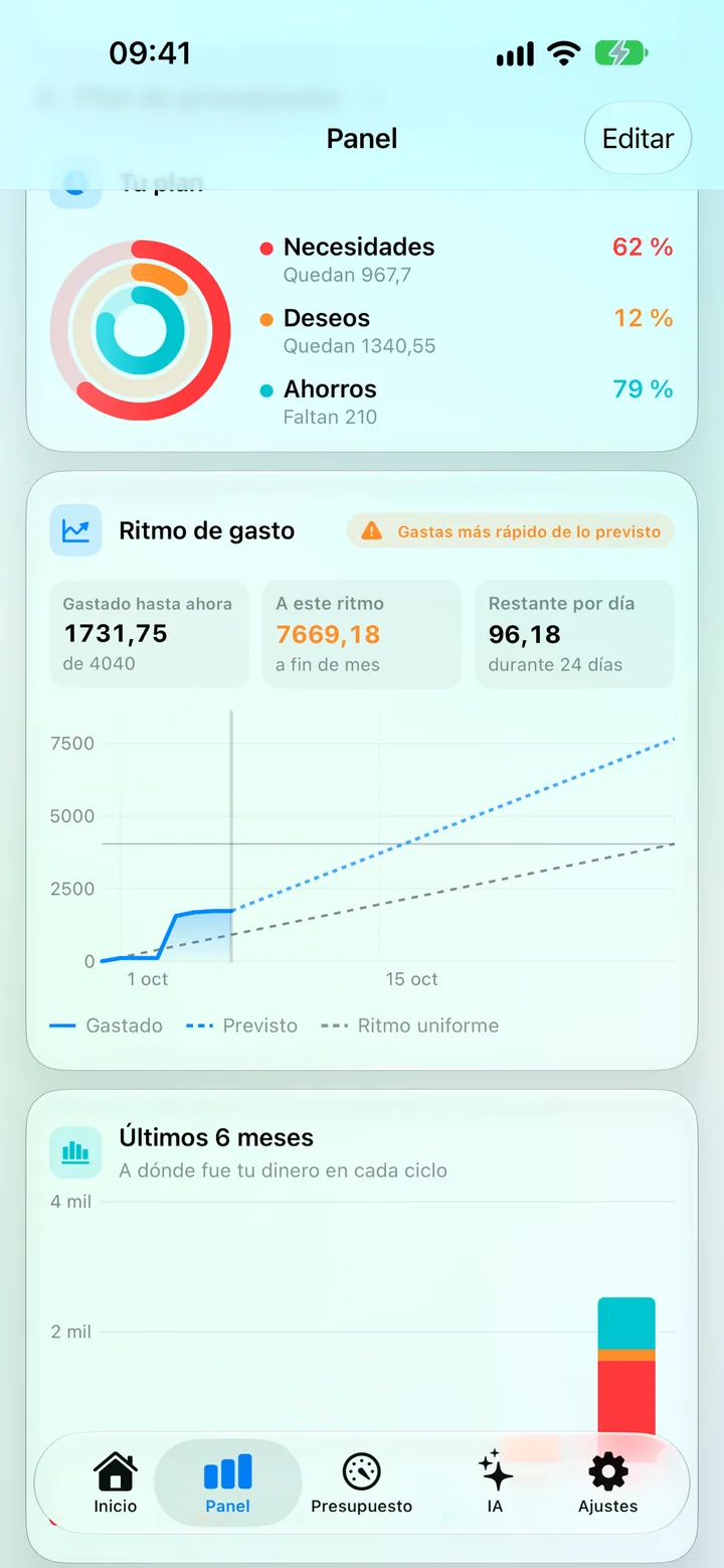 The Savings dashboard with the saving score, category donut and top categories