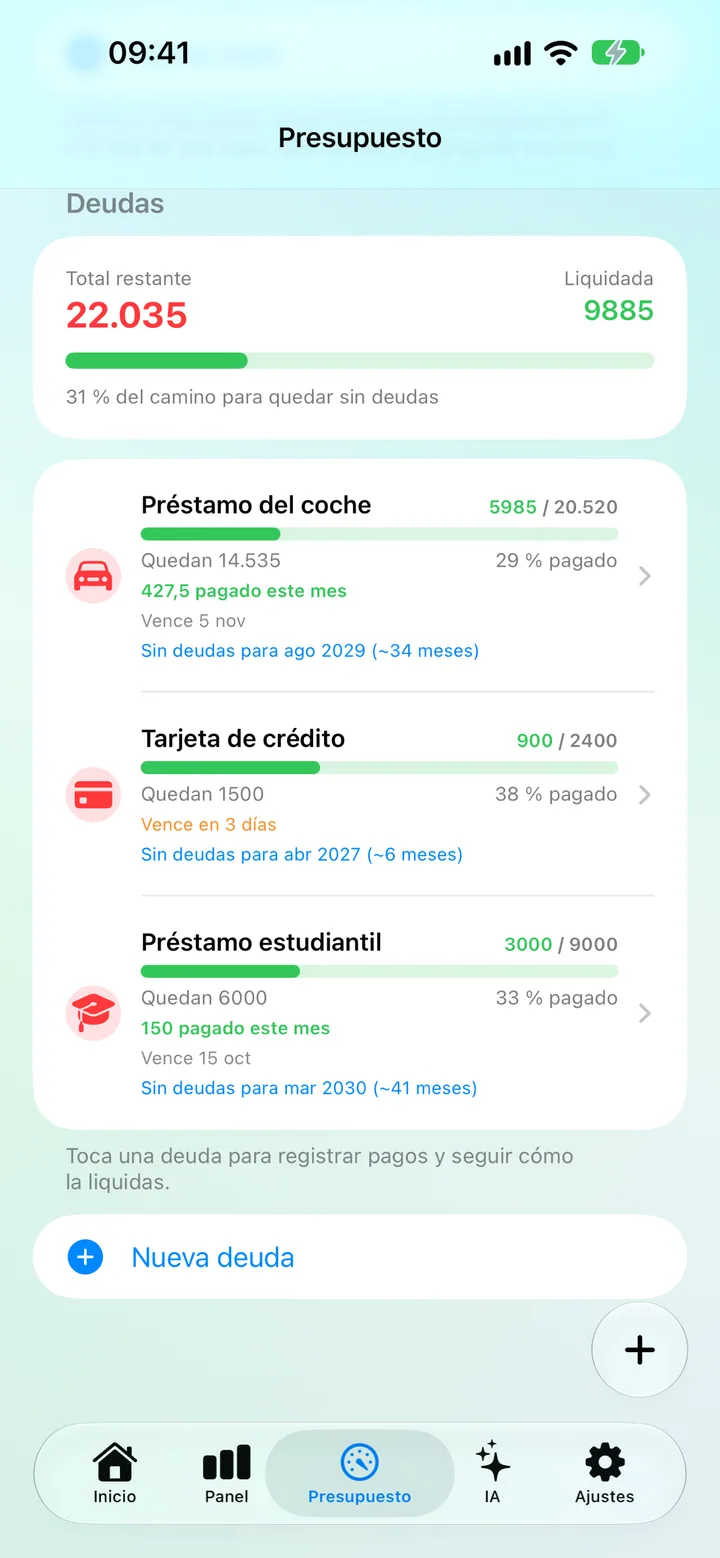 The Savings Debts screen with each debt's remaining balance, due date and progress toward debt-free