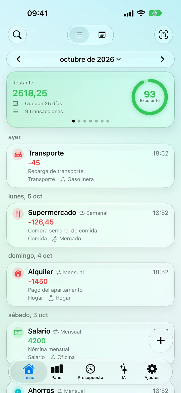 The Savings app Home screen — June transactions, total balance and saving progress