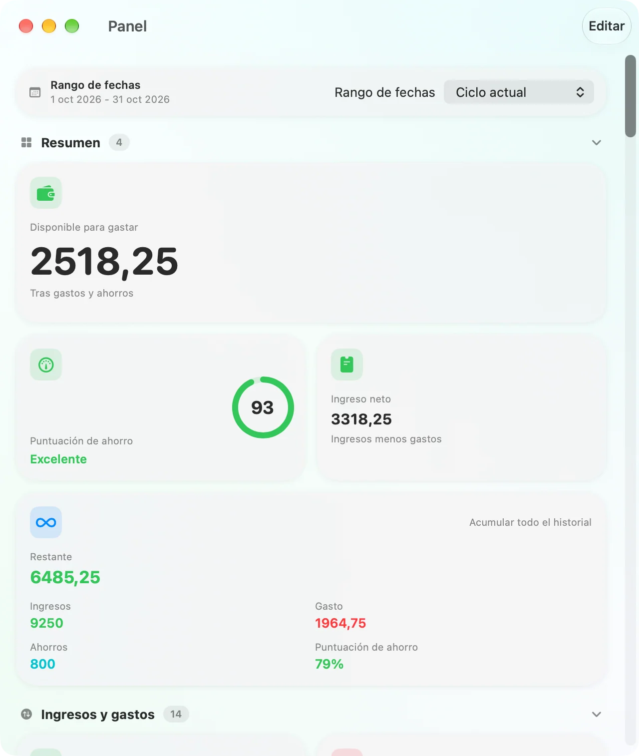 The Savings dashboard as a native Mac app window