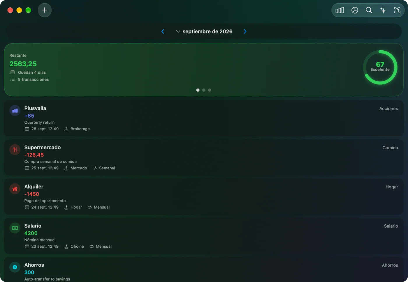 The Savings Home window on Mac in dark mode
