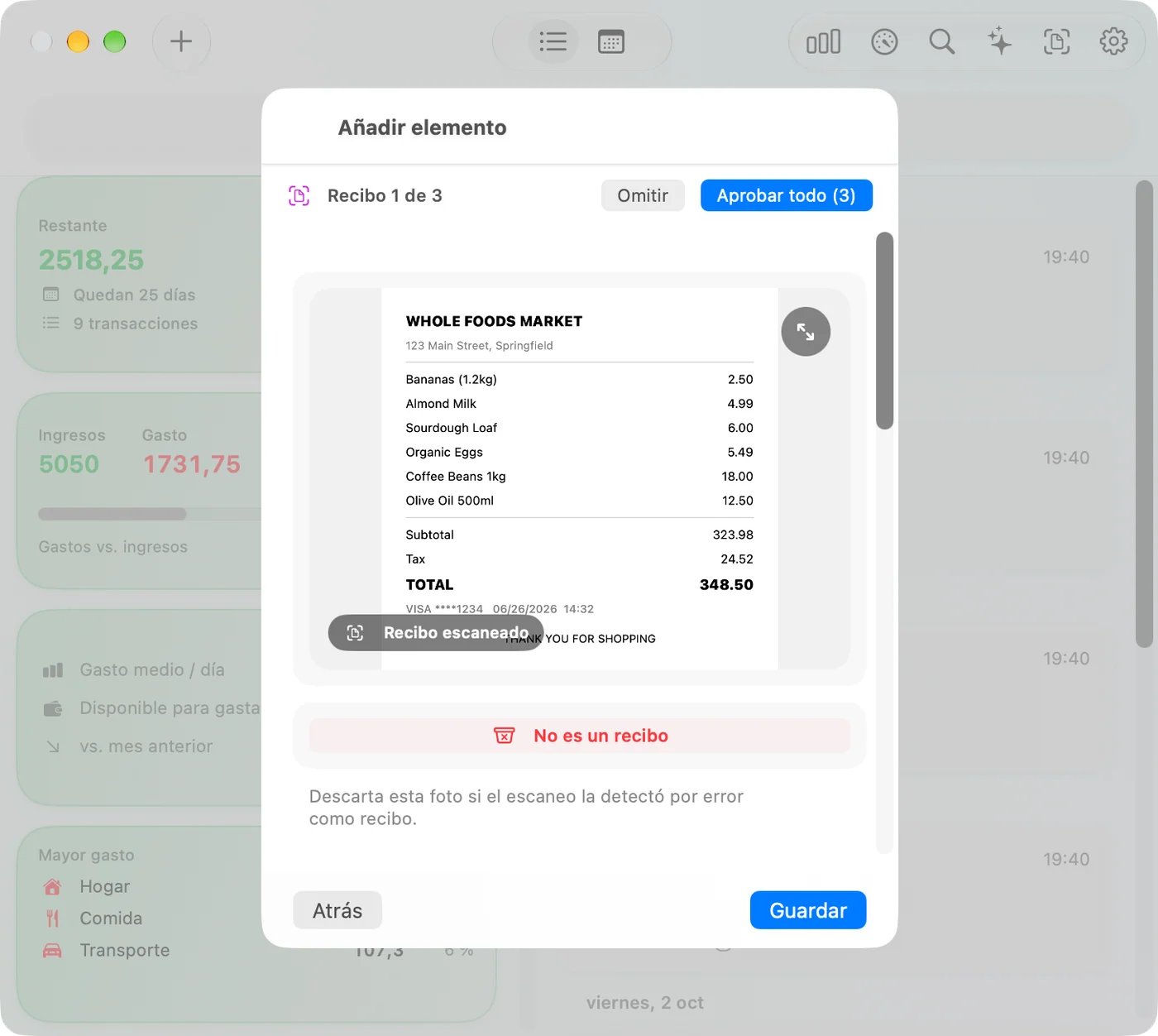 Scanning a receipt in the Savings Mac app