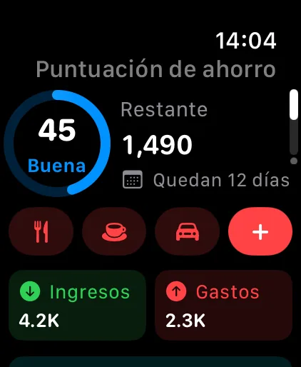 The Savings home page on Apple Watch: saving score, what's left this cycle and Quick Add shortcuts