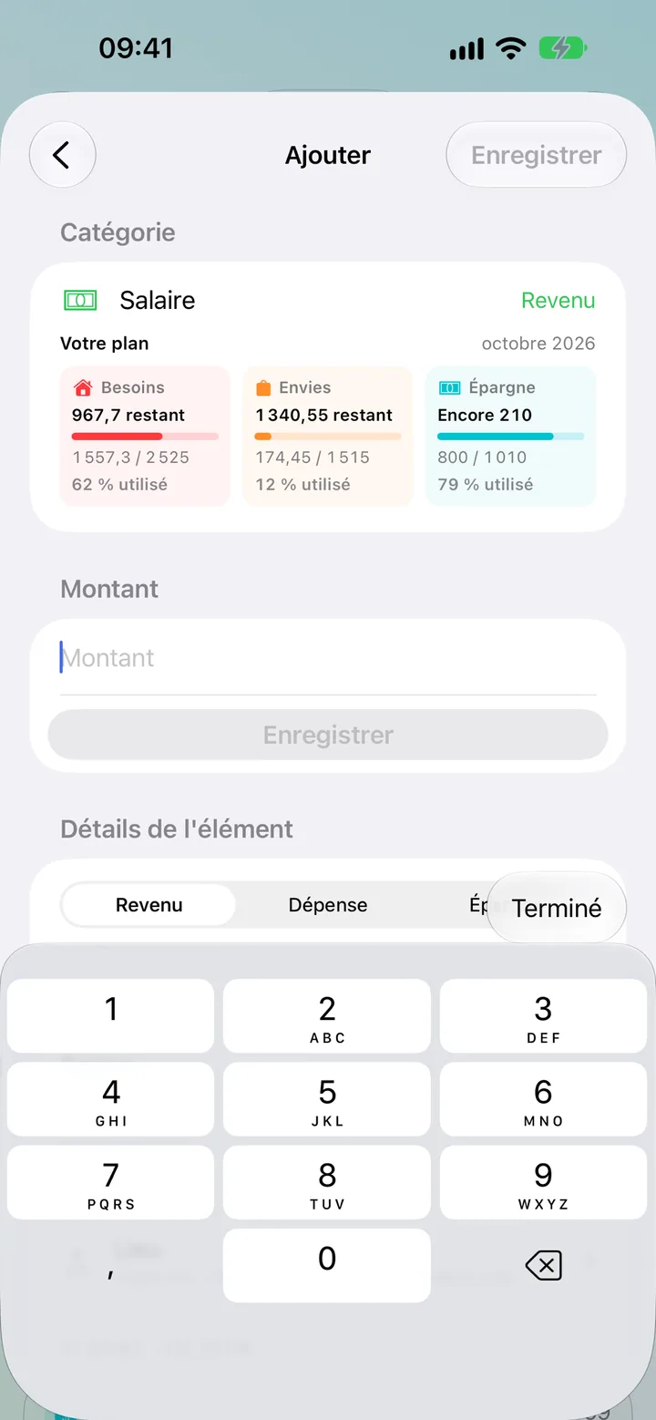 The Savings add-transaction detail form with amount, category and date