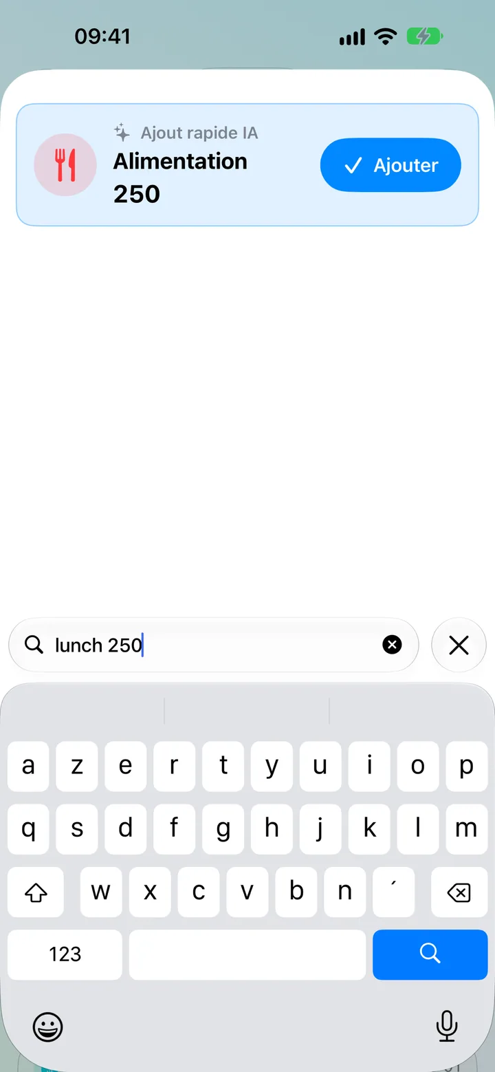 Quick Add in Savings — typing a transaction in plain words for on-device AI to parse