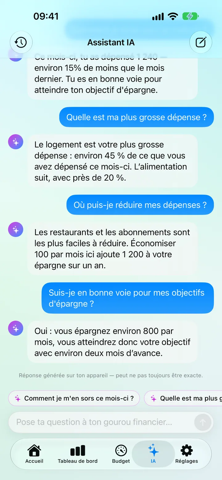 AI Assistance in Savings — chatting with an on-device financial guru that analyzes your spending, saving, budgets and goals