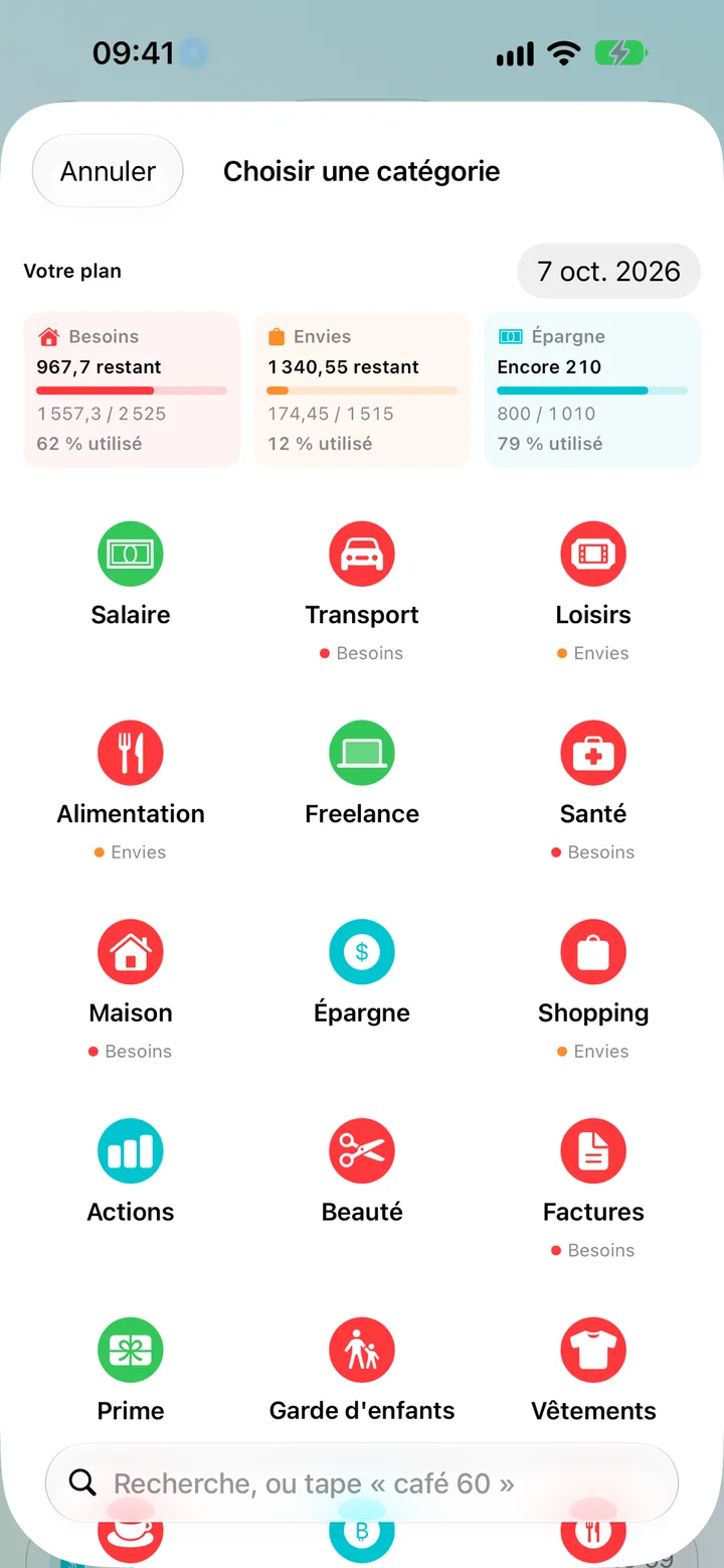 Adding a transaction in Savings by picking from a colorful grid of categories