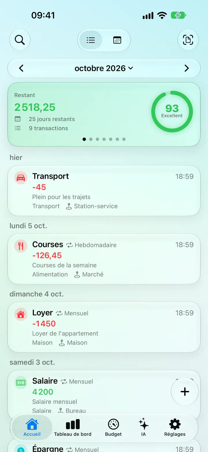 The Savings app Home screen — June transactions, total balance and saving progress
