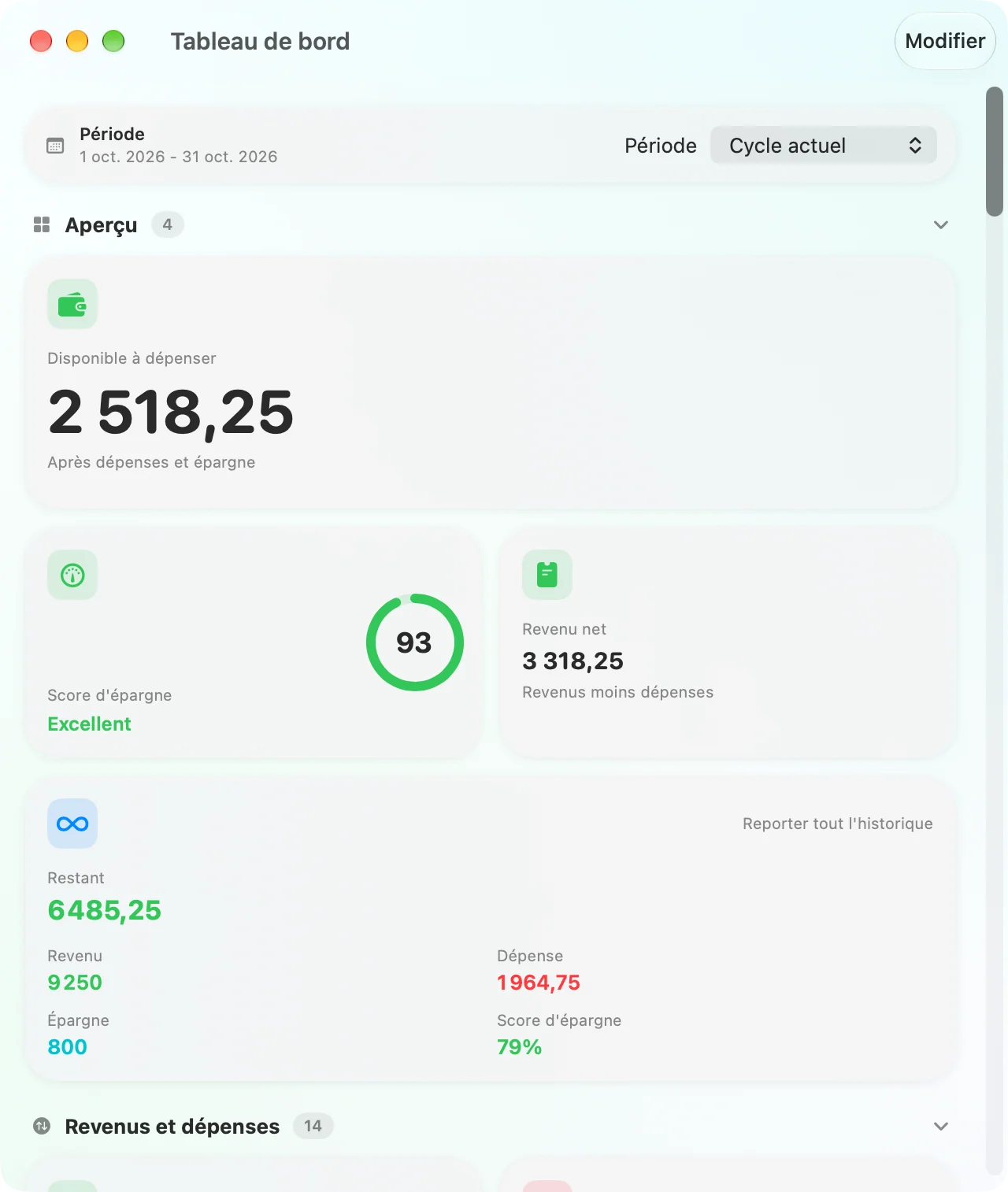 The Savings dashboard as a native Mac window, with the category donut and top categories