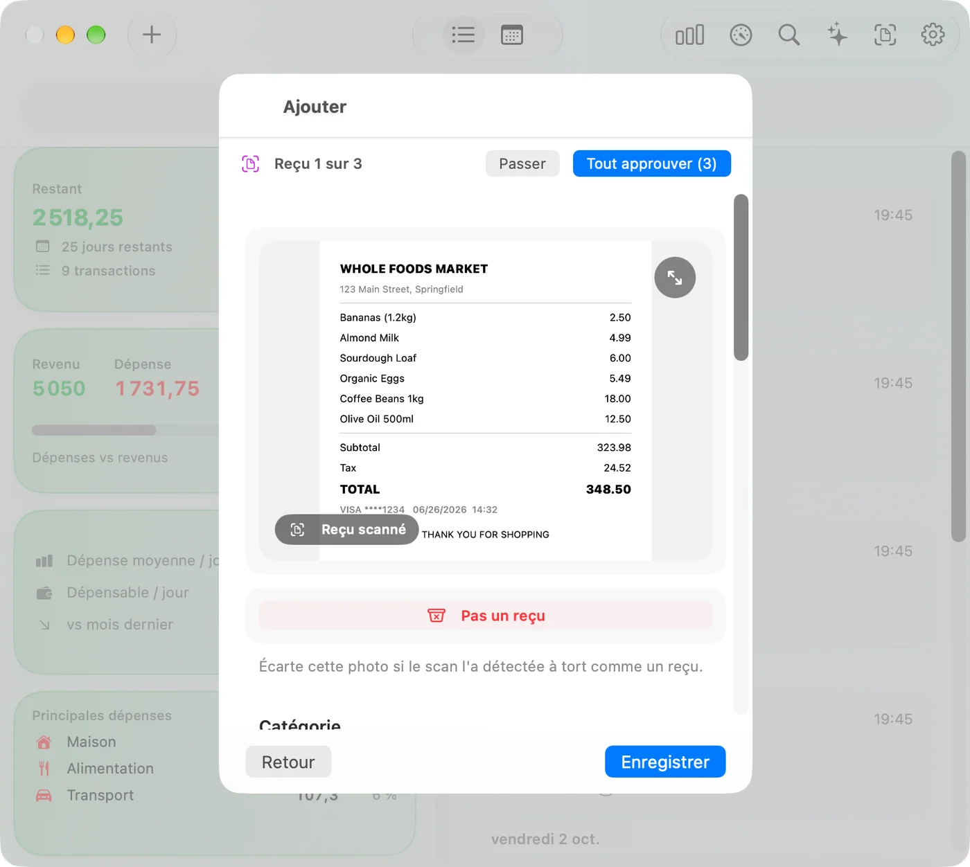 Scanning a receipt in the Savings Mac app