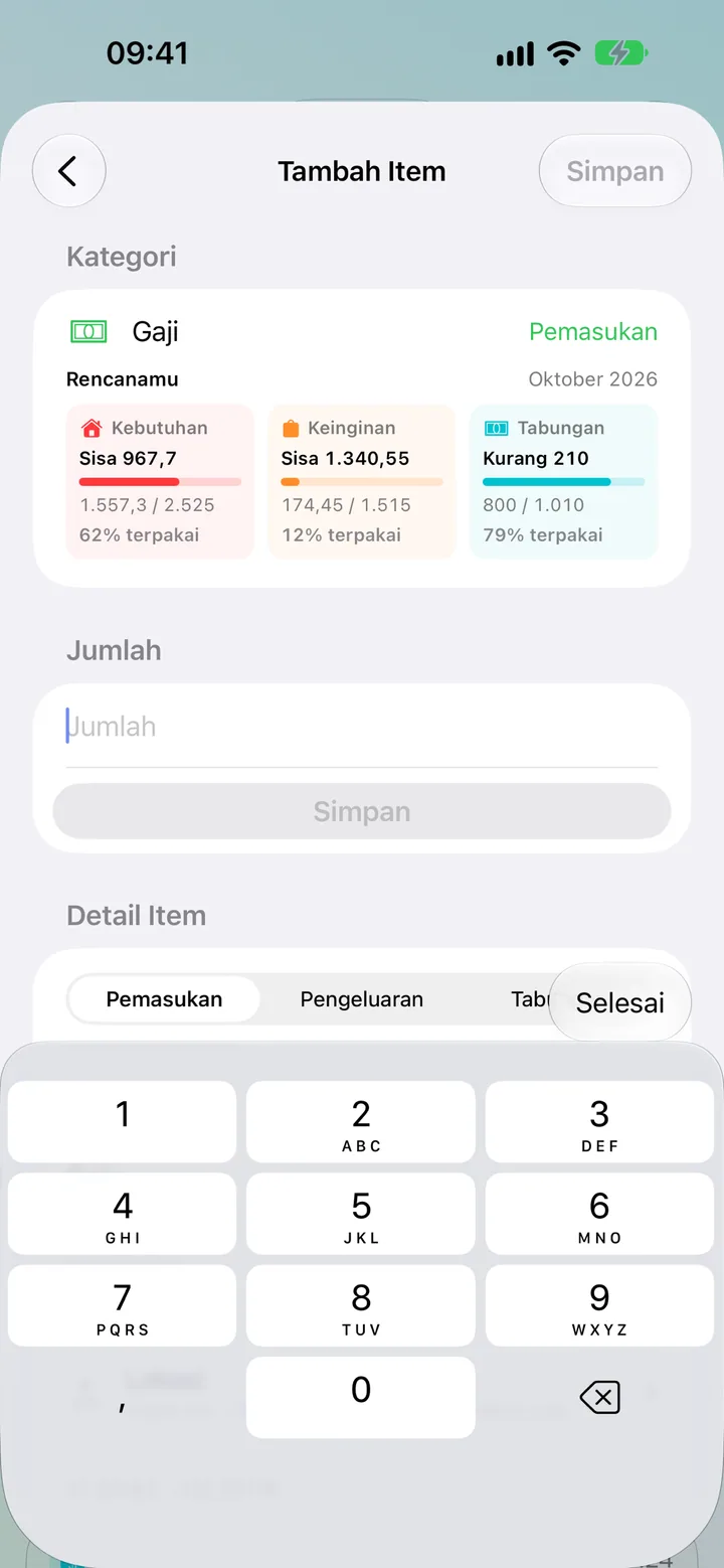The Savings add-transaction detail form with amount, category and date