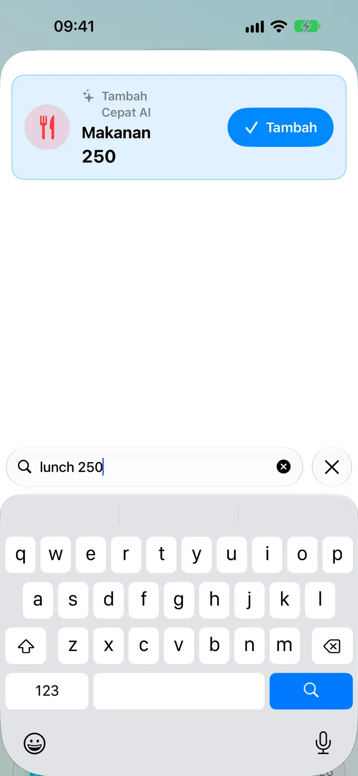 Quick Add in Savings — typing a transaction in plain words for on-device AI to parse