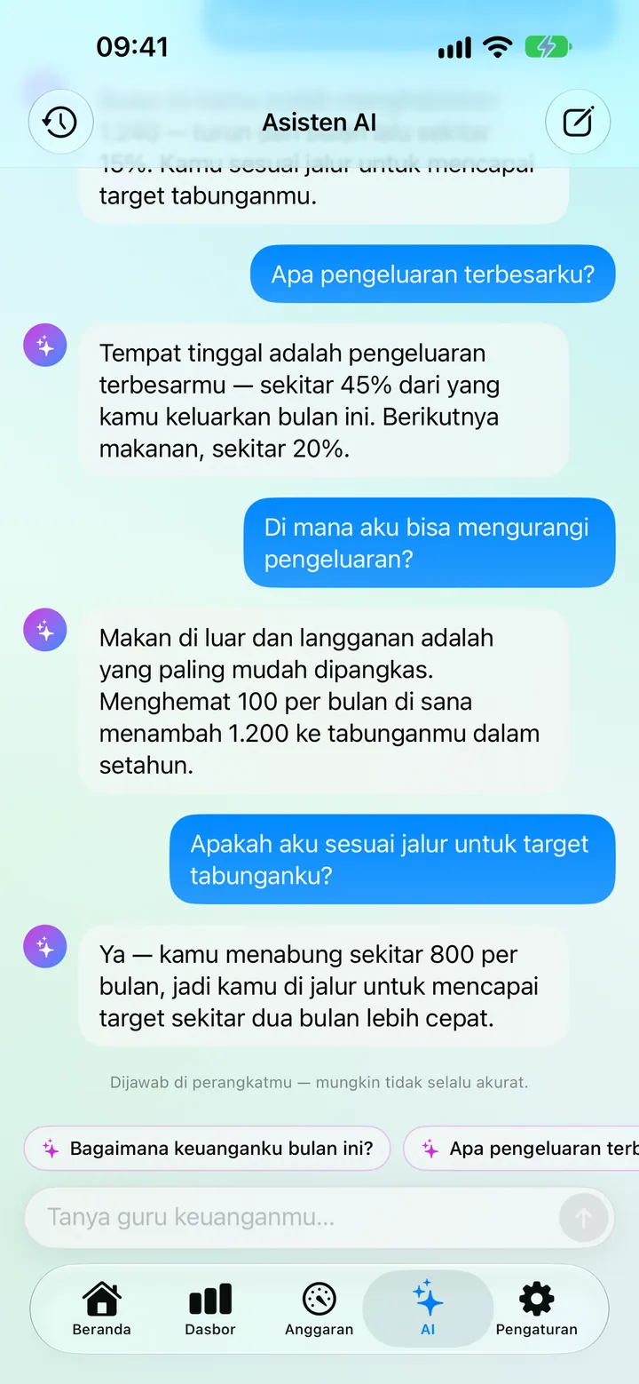 AI Assistance in Savings — chatting with an on-device financial guru that analyzes your spending, saving, budgets and goals