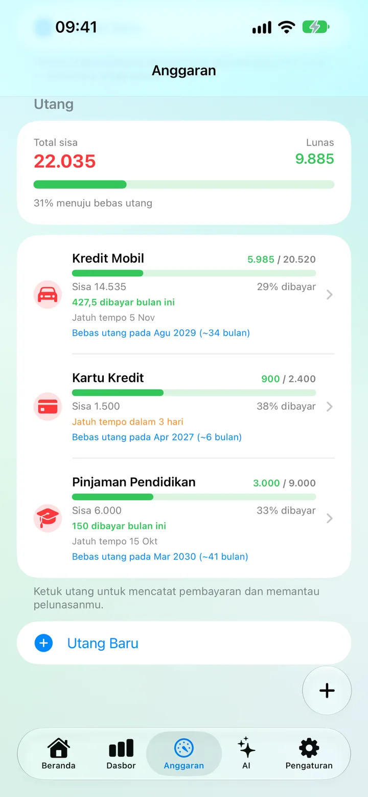 The Savings Debts screen with each debt's remaining balance, due date and progress toward debt-free
