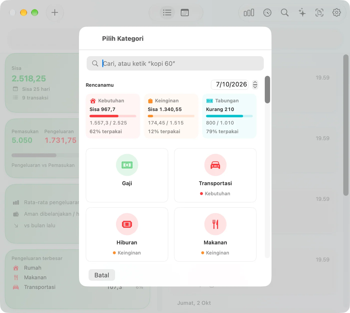 Adding a transaction in the Savings Mac app, in its own sheet