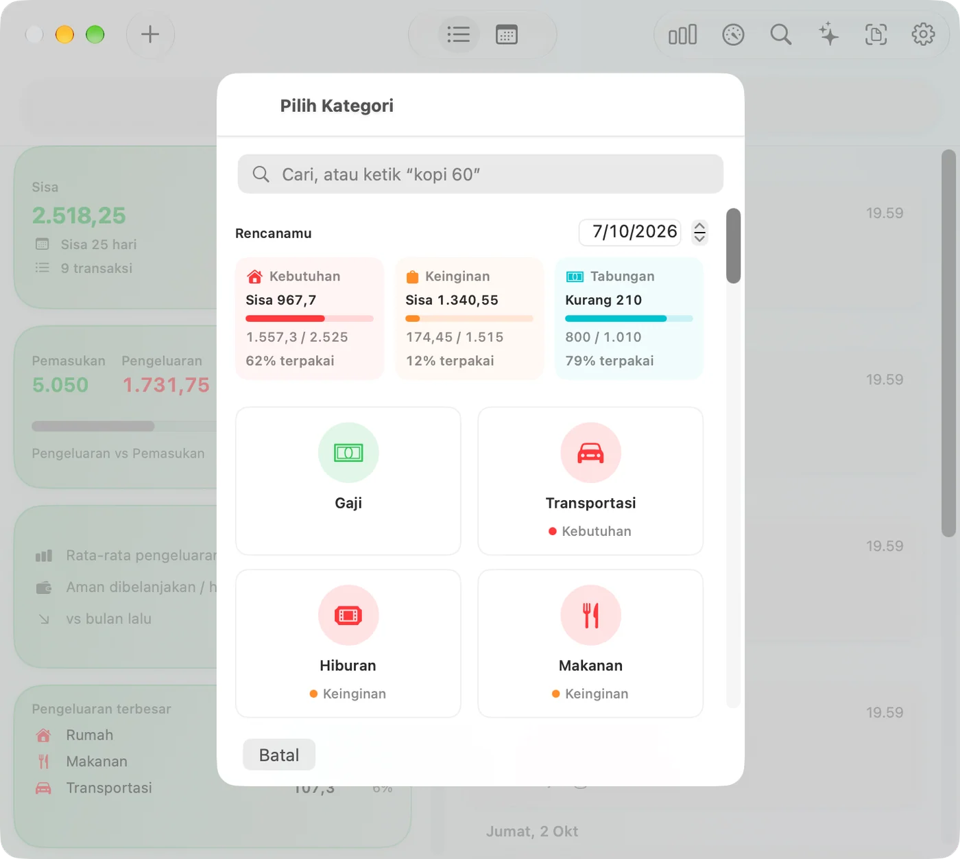 Choosing a category in the Savings Mac app