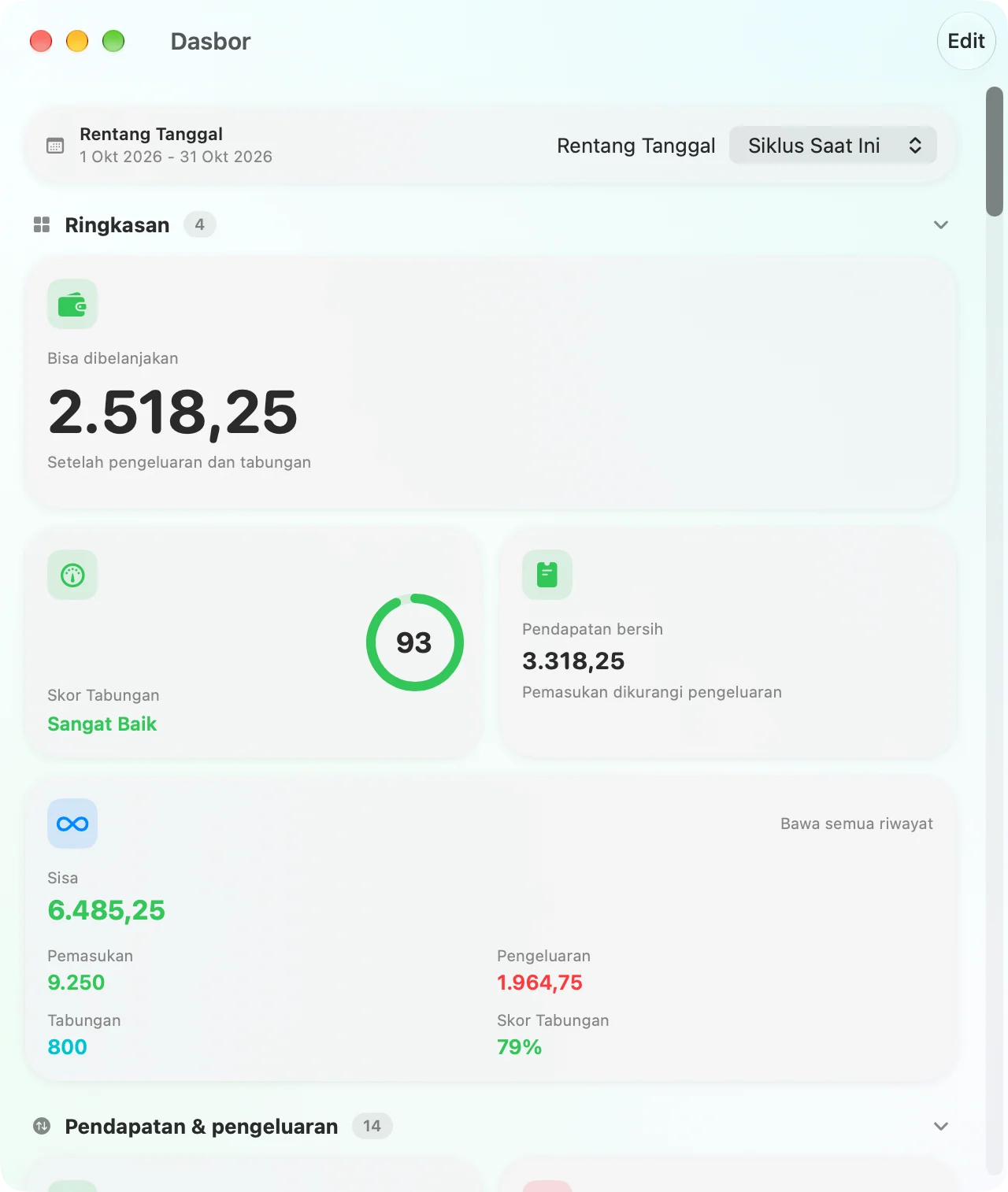 The Savings dashboard as a native Mac app window