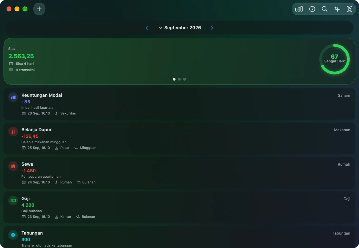 The Savings Home window on Mac in dark mode
