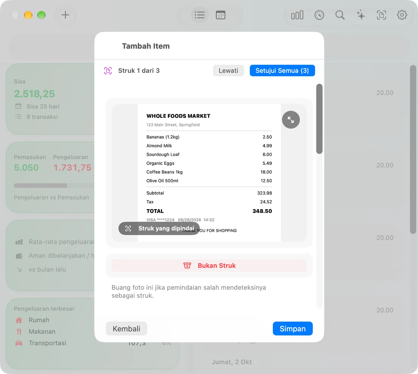 Scanning a receipt in the Savings Mac app