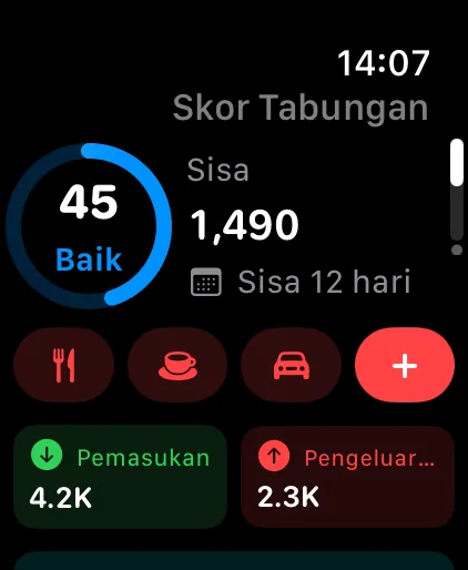 The Savings home page on Apple Watch: saving score, what's left this cycle and Quick Add shortcuts