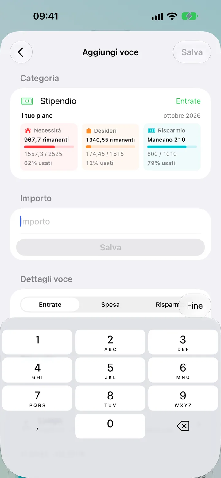 The Savings add-transaction detail form with amount, category and date