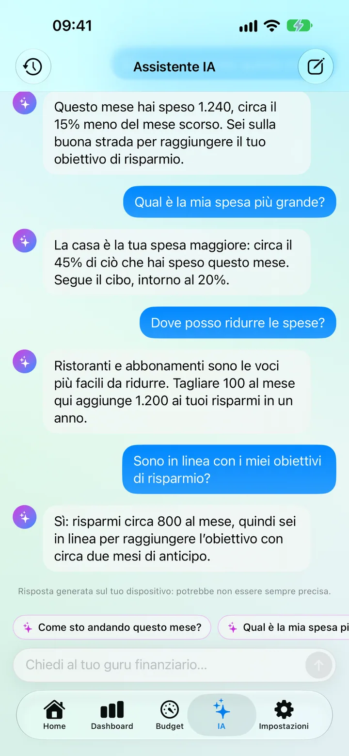 AI Assistance in Savings — chatting with an on-device financial guru that analyzes your spending, saving, budgets and goals
