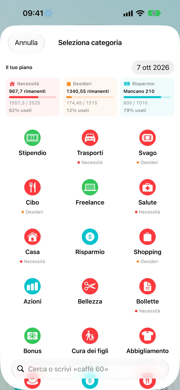 Adding a transaction in Savings by picking from a colorful grid of categories
