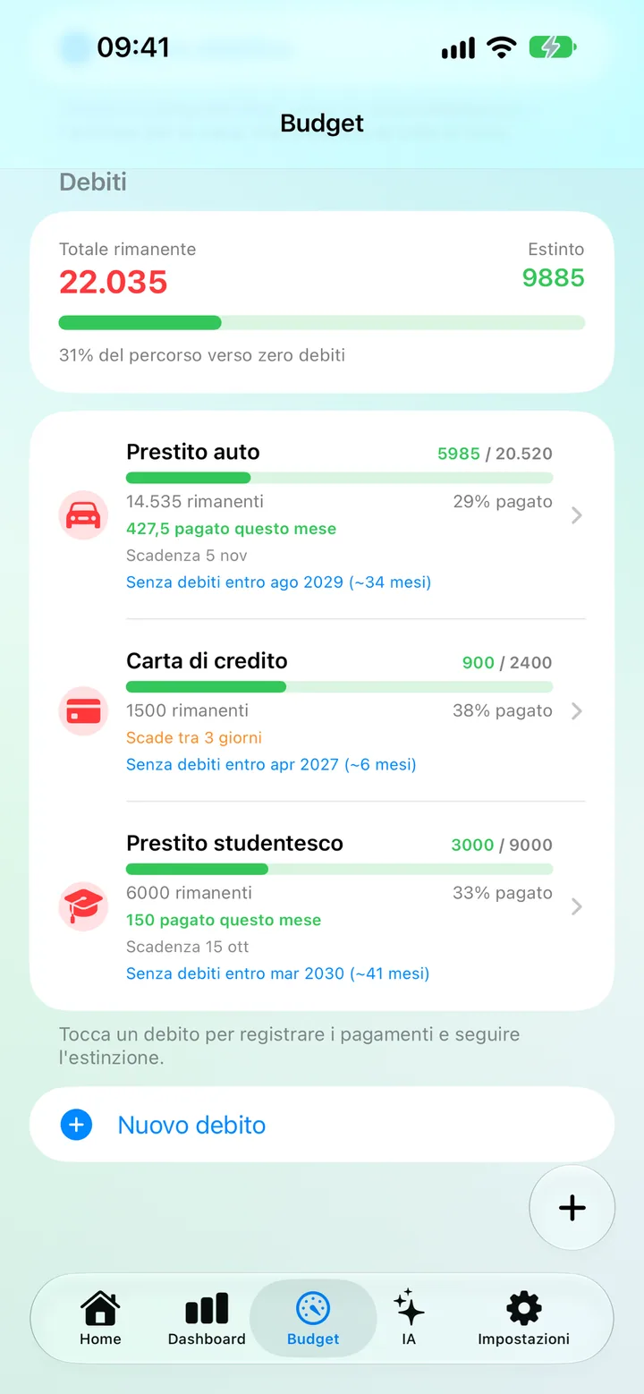 The Savings Debts screen with each debt's remaining balance, due date and progress toward debt-free