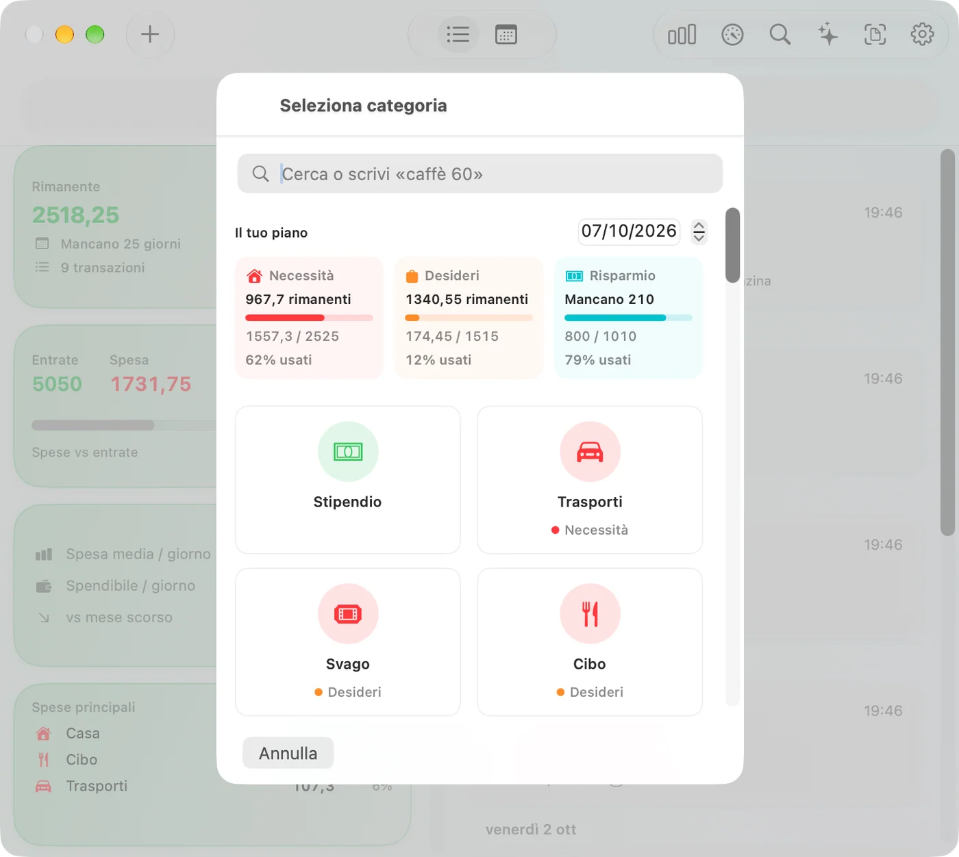 Choosing a category in the Savings Mac app