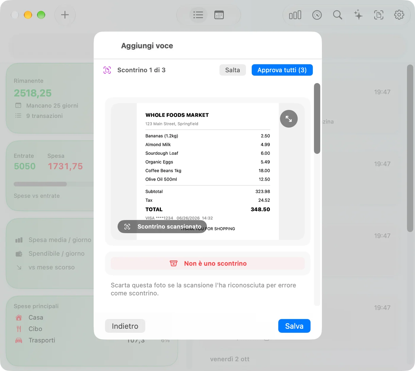 Scanning a receipt in the Savings Mac app